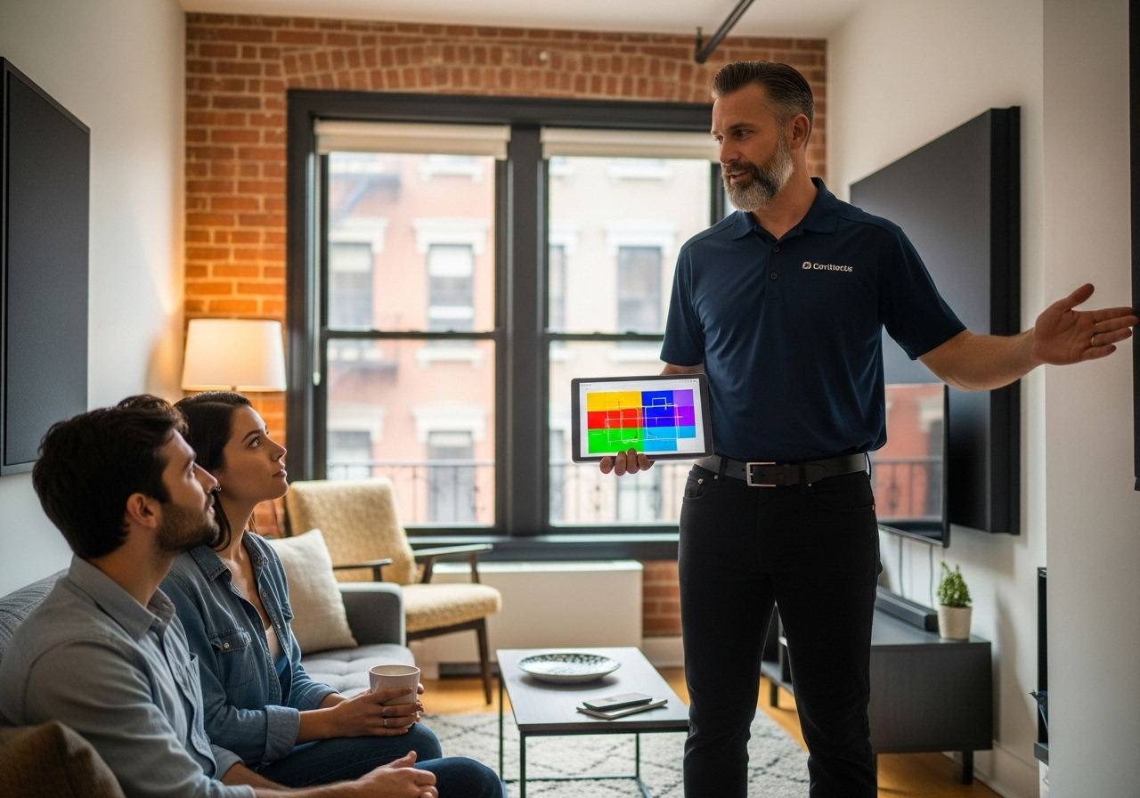 Acoustic expert reviewing soundproofing solutions with homeowners in a Brooklyn residence
