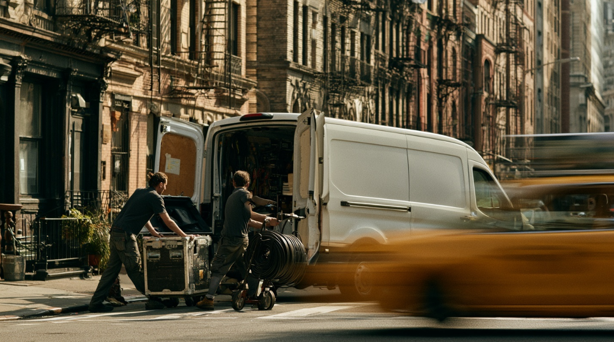 AV installation crew unloading equipment on a New York street
