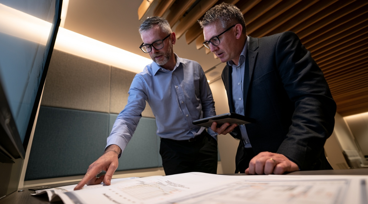 AV specialists reviewing system drawings in a treated boardroom
