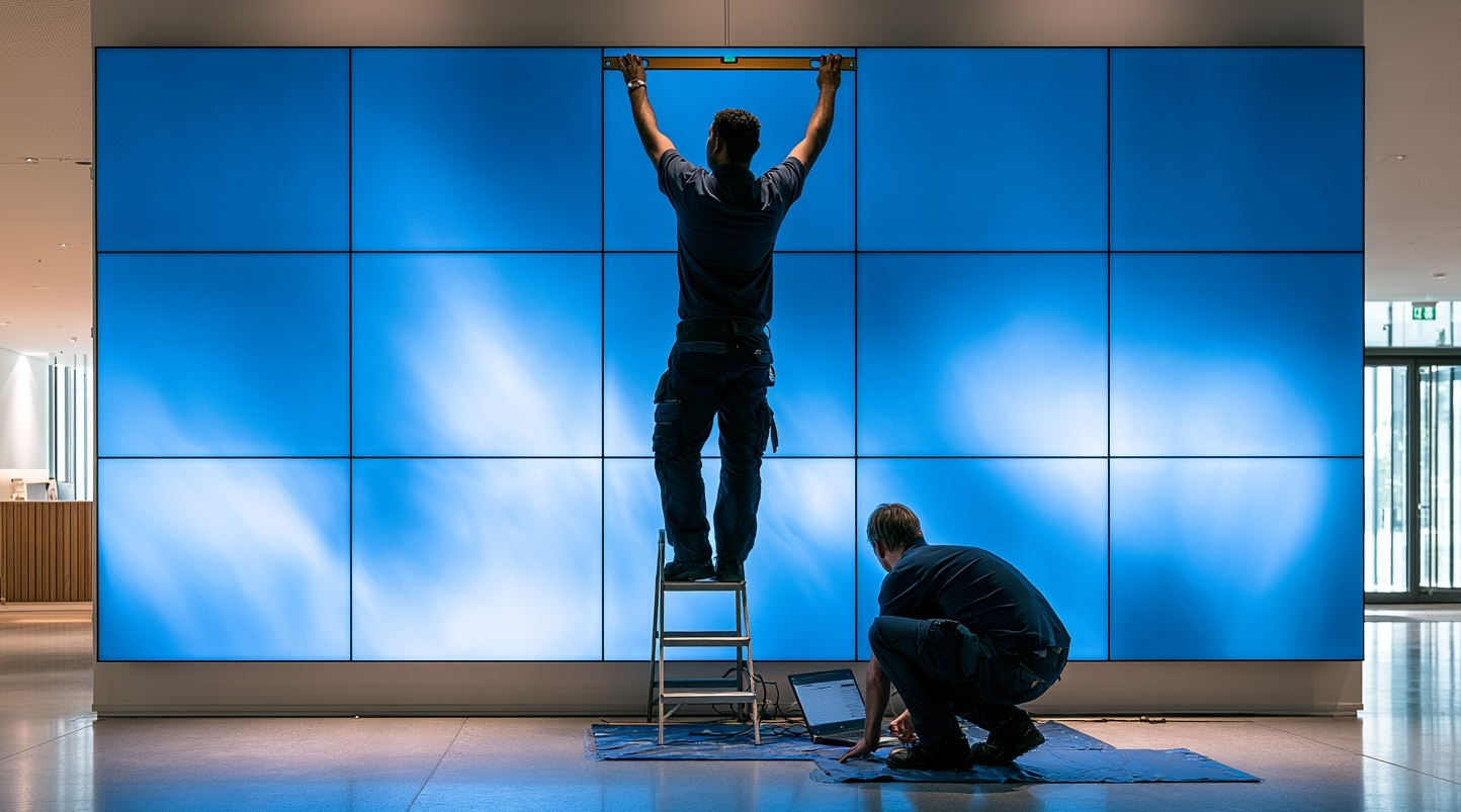 Technicians aligning and calibrating a lobby video wall