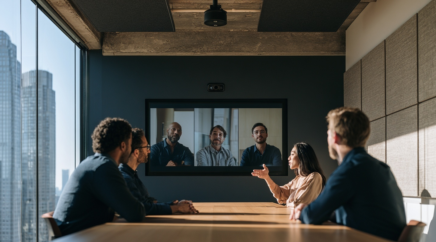 Conference room AV system during a video call in a NYC office