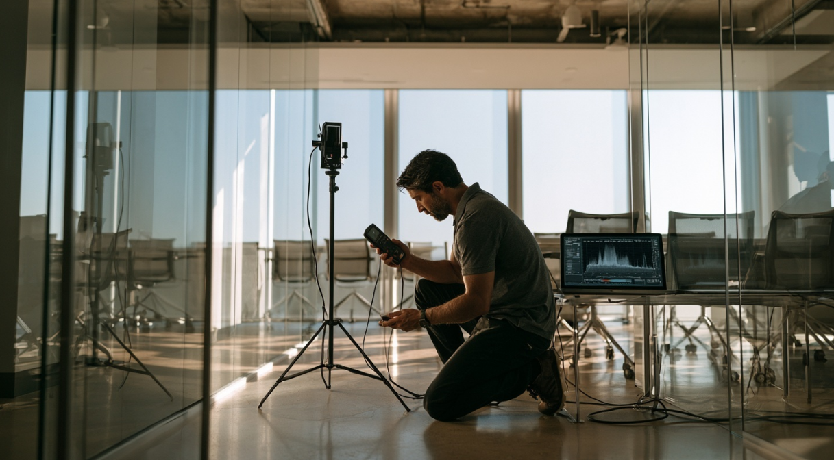Acoustician measuring reverberation in a glass conference room