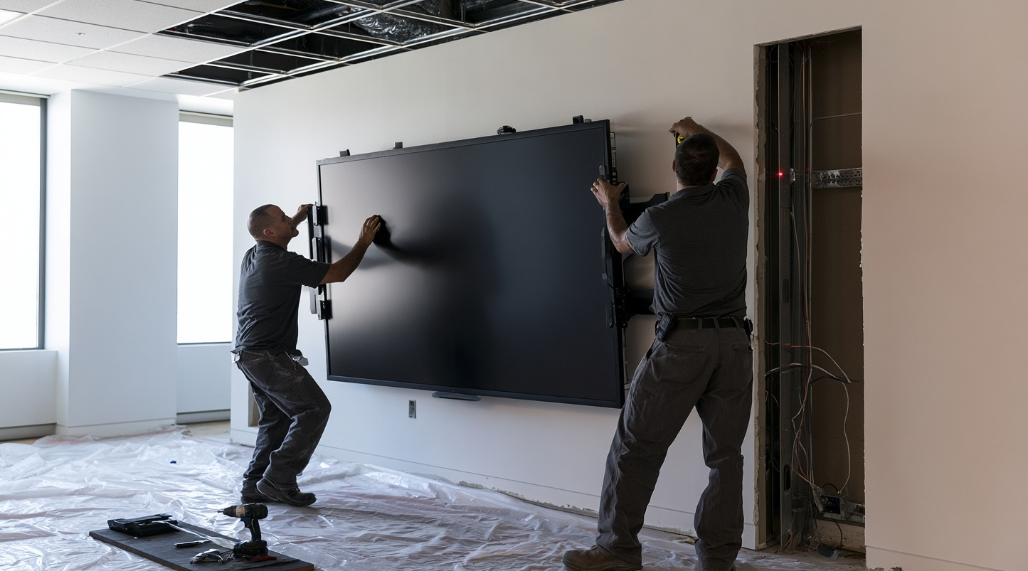 Installers mounting a commercial display in an office fit-out