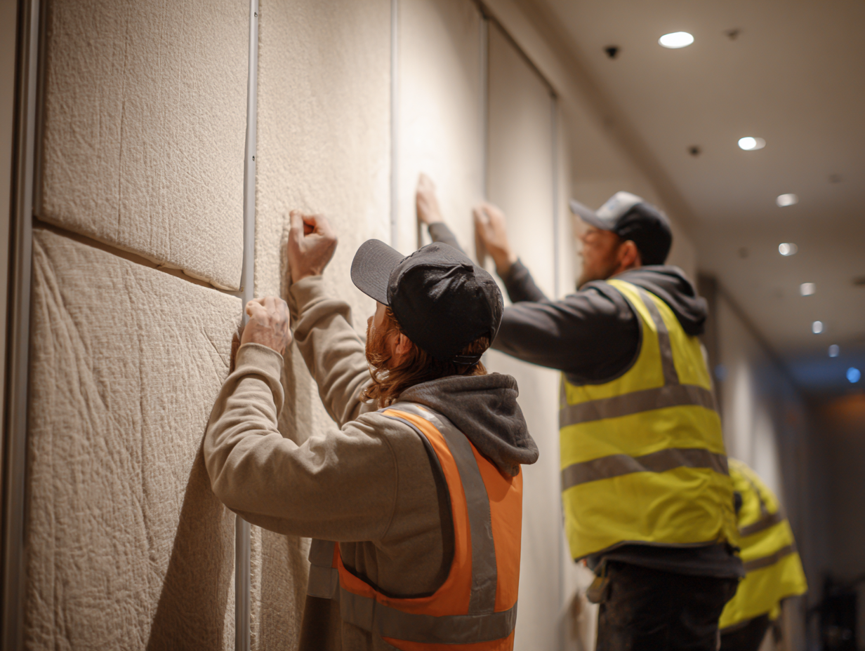 Soundproofing technicians installing large acoustic wall panels during a construction project.