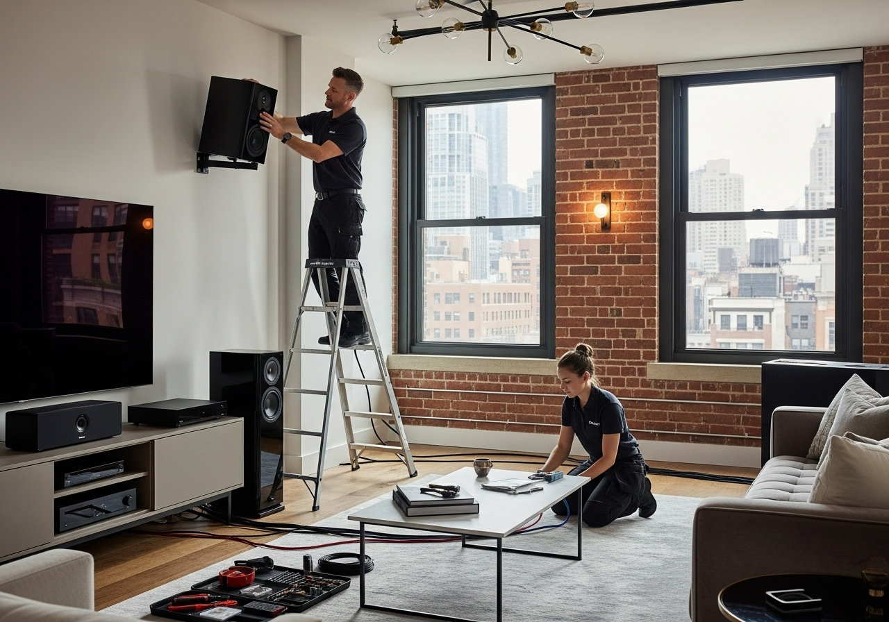 professional technicians installing a home theater system in a stylish New York apartment