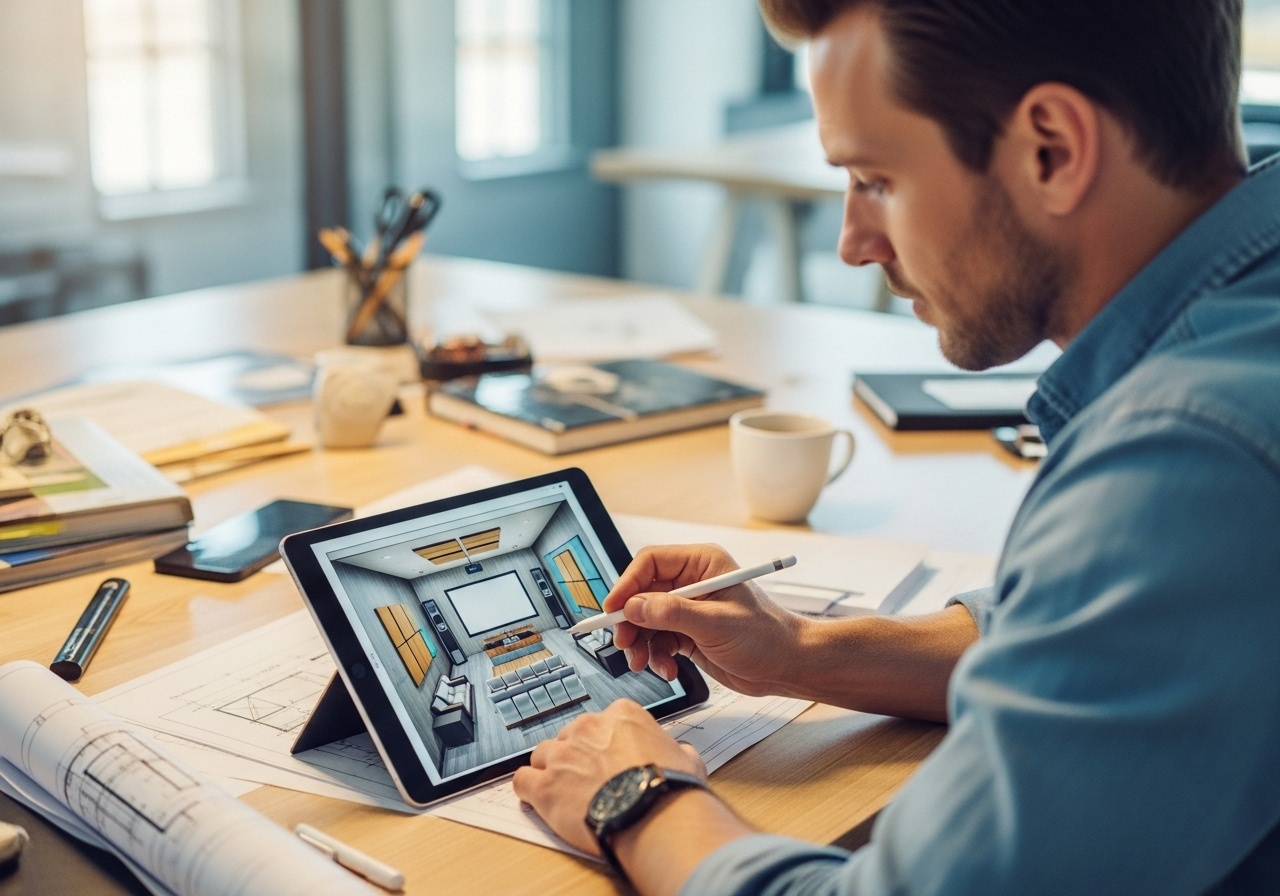 designer working on home theater blueprint with digital tablet