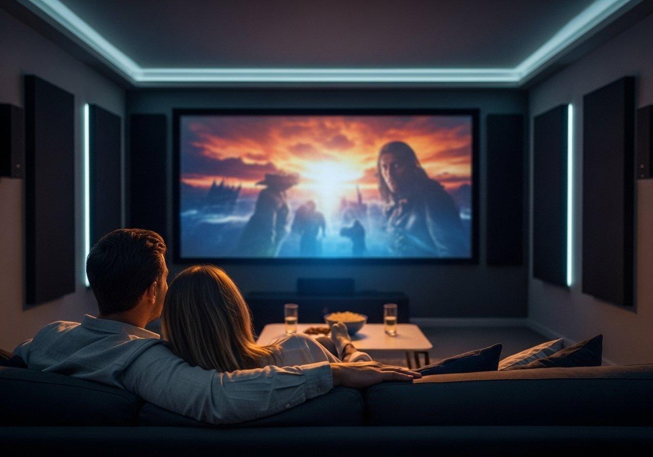 inviting image of couple relaxing in their new home theaterinviting image of couple relaxing in their new home theater