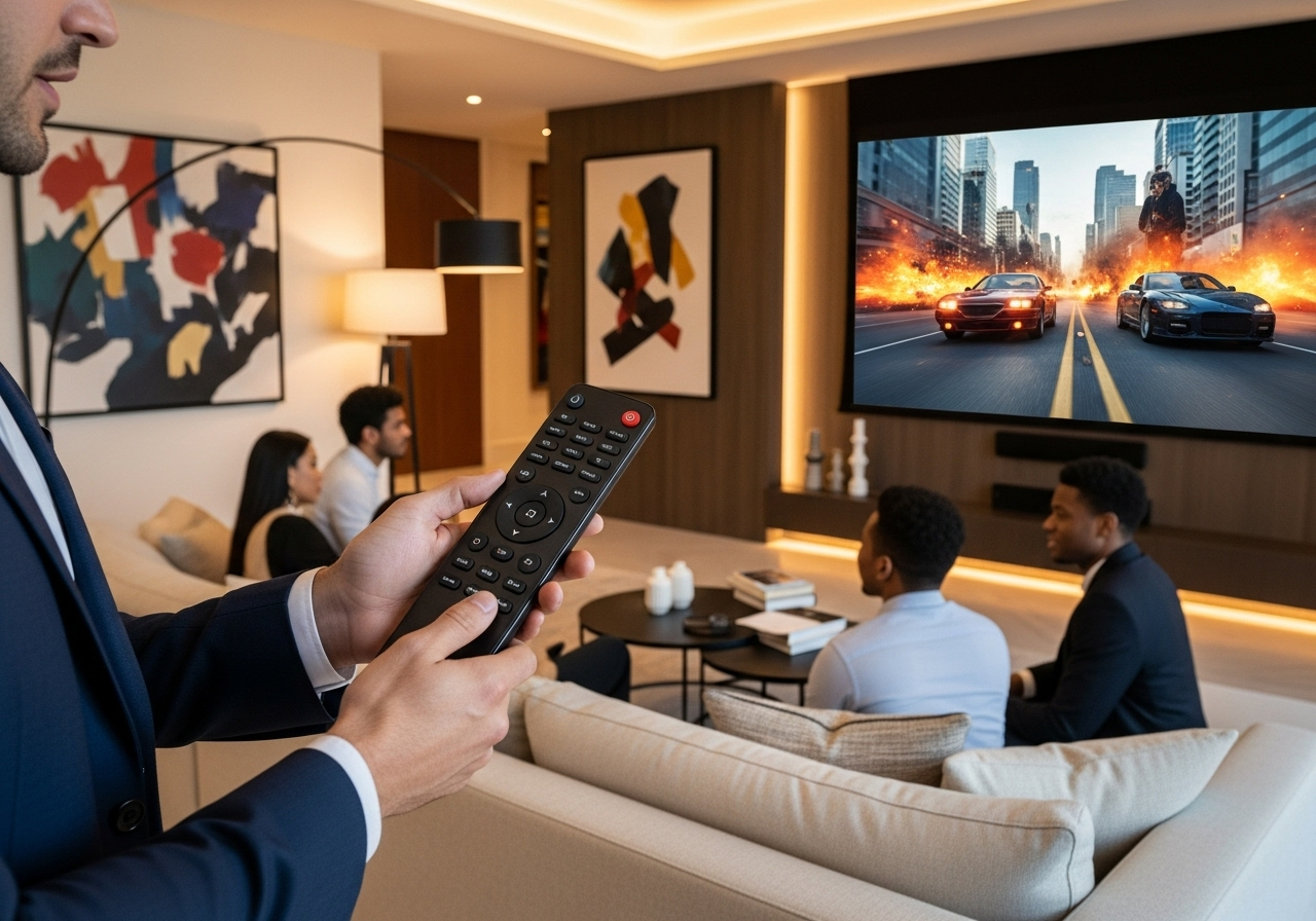 expert explaining remote control functions to clients, big screen playing movie