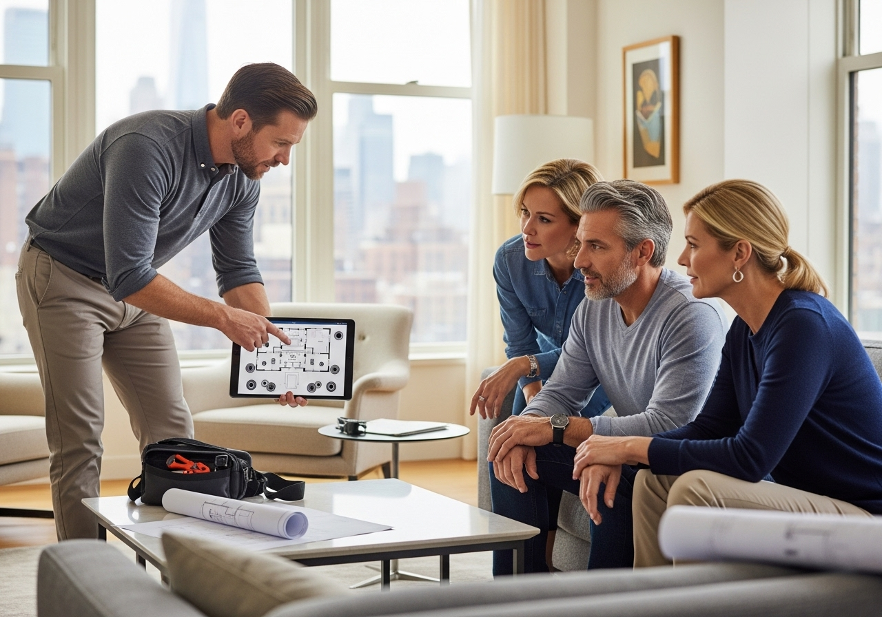 professional home theater installer discussing project plans with clients in modern New York apartment, showing layout on tablet