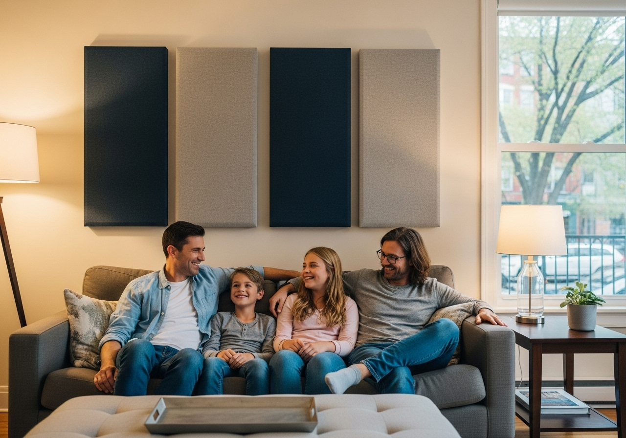 Happy family relaxing on a sofa in a soundproofed living room with acoustic wall panels