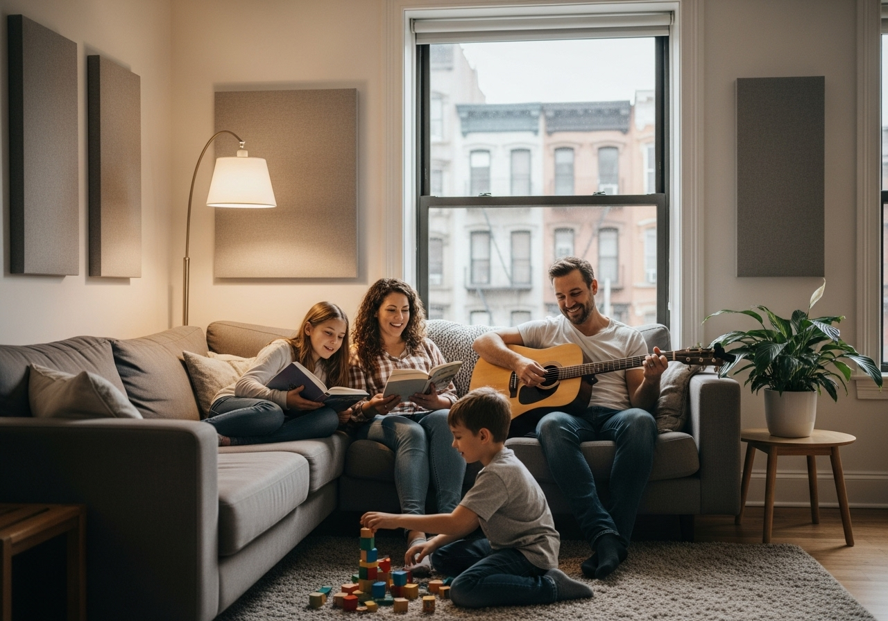 Family spending time together in a quiet soundproofed living room with acoustic wall panels