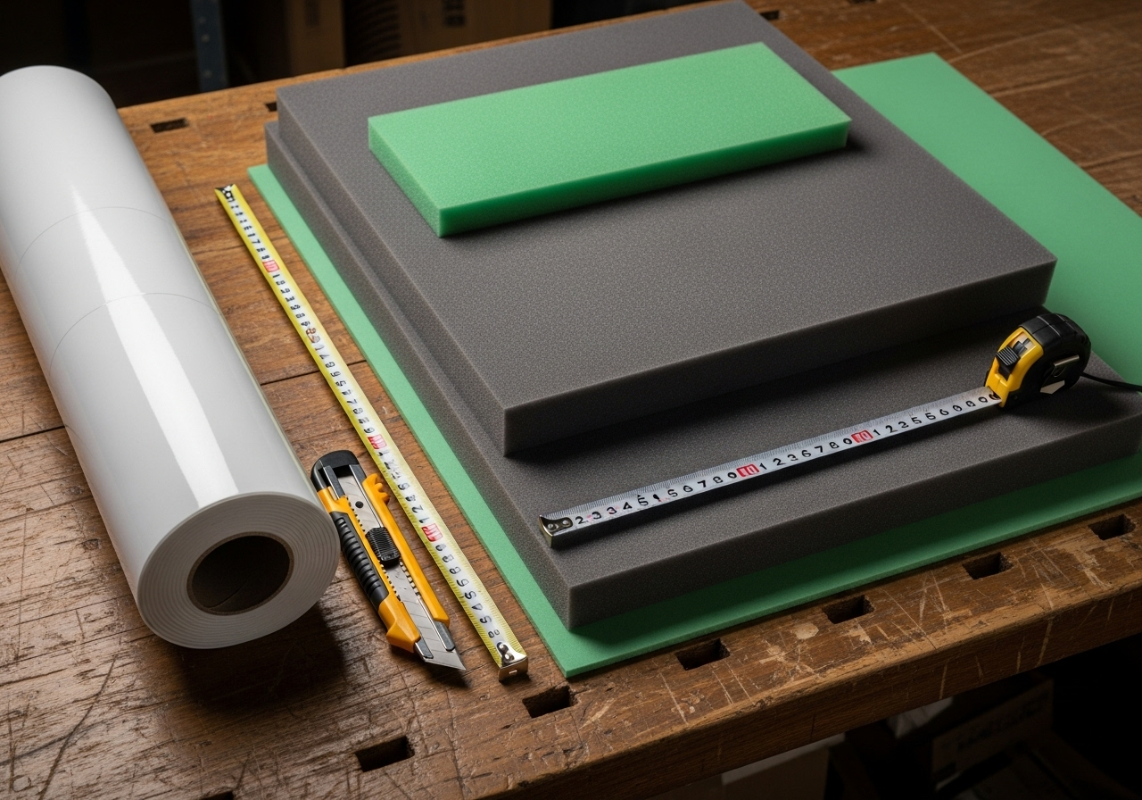 Soundproofing materials and tools, including foam panels, measuring tape, and utility knife on a workbench