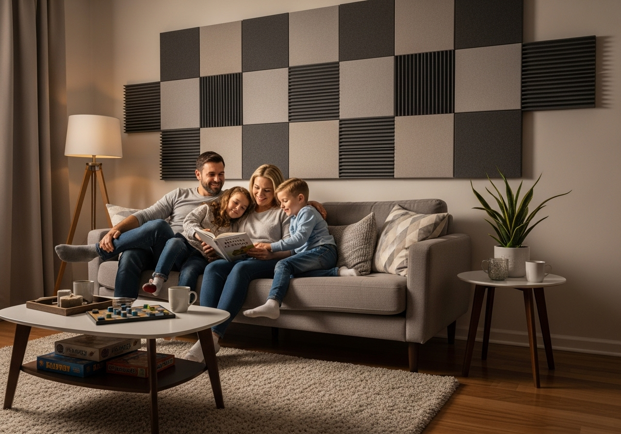 Family sitting on a sofa in a cozy soundproofed living room with decorative acoustic panels