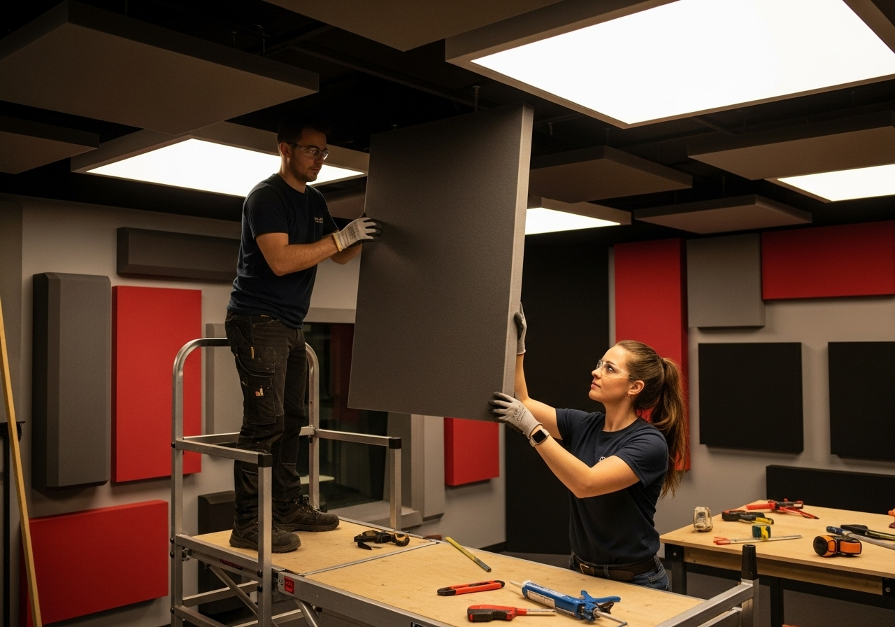 Team of installers mounting acoustic ceiling panels from scaffolding indoors