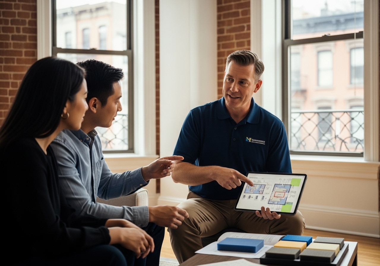 Soundproofing specialist discussing project details with clients in a Brooklyn apartment