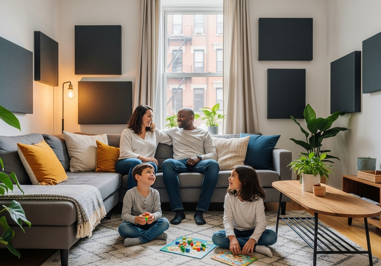 Family relaxing together in a quiet living room with decorative acoustic wall panels