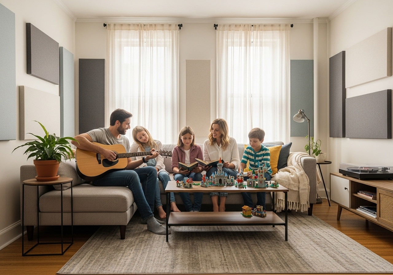 Family relaxing on a couch in a peaceful, well-insulated living room with modern wall panels