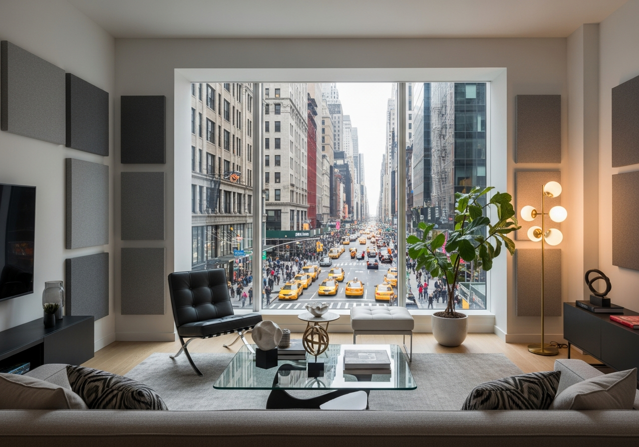 A modern New York City apartment interior with acoustic panels and large windows