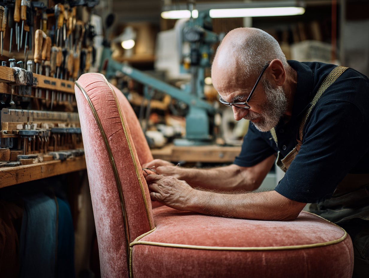 Experienced upholsterer hand-stitching fabric onto a chair in a traditional workshop.