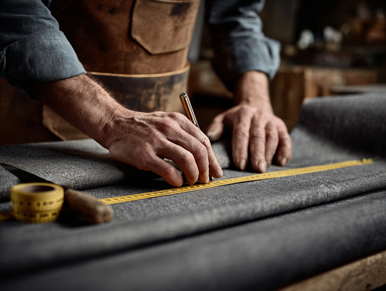 Craftsman measuring upholstery fabric with a tape measure on a workshop table.