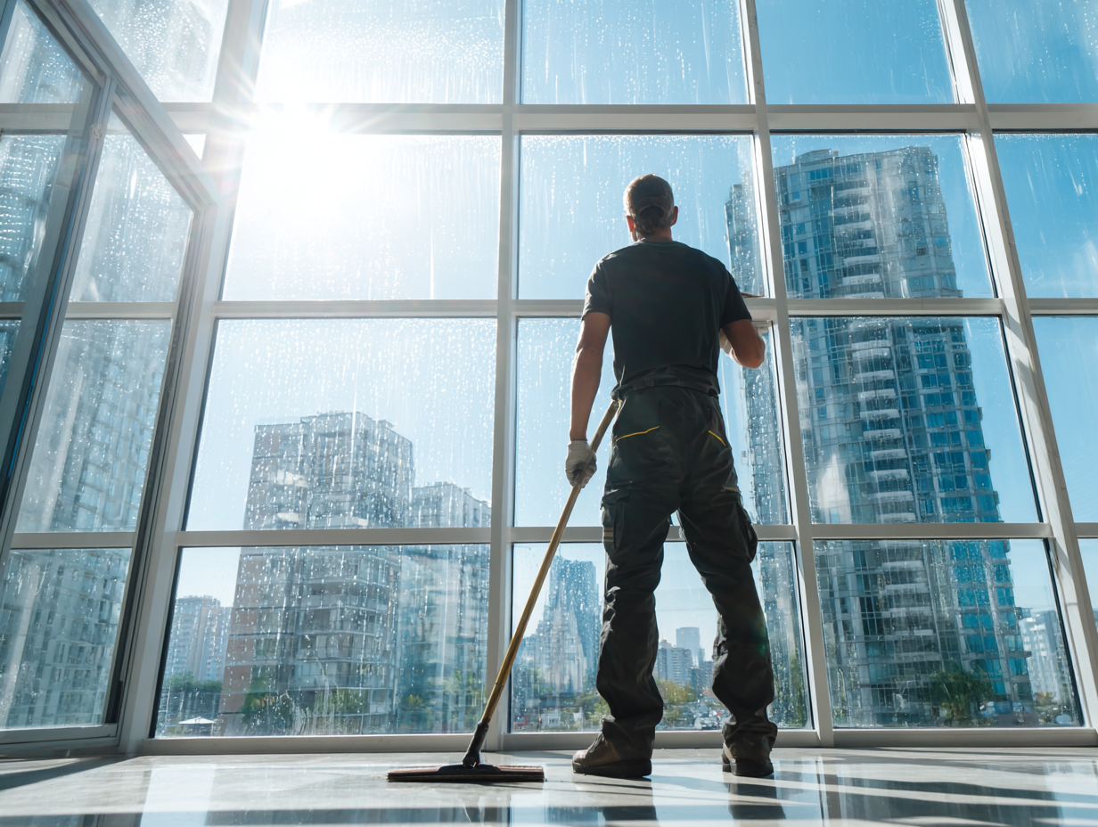 Window film installation – large glass facade preparation