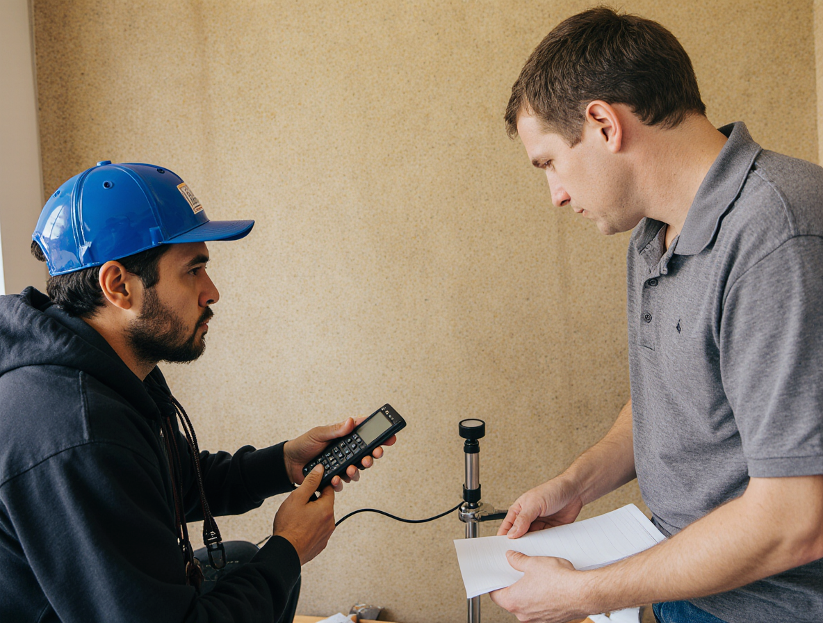 Technicians testing sound levels with a decibel meter during a soundproofing inspection