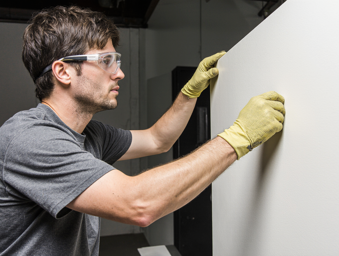 An installer wearing safety goggles and gloves installs an acoustic panel