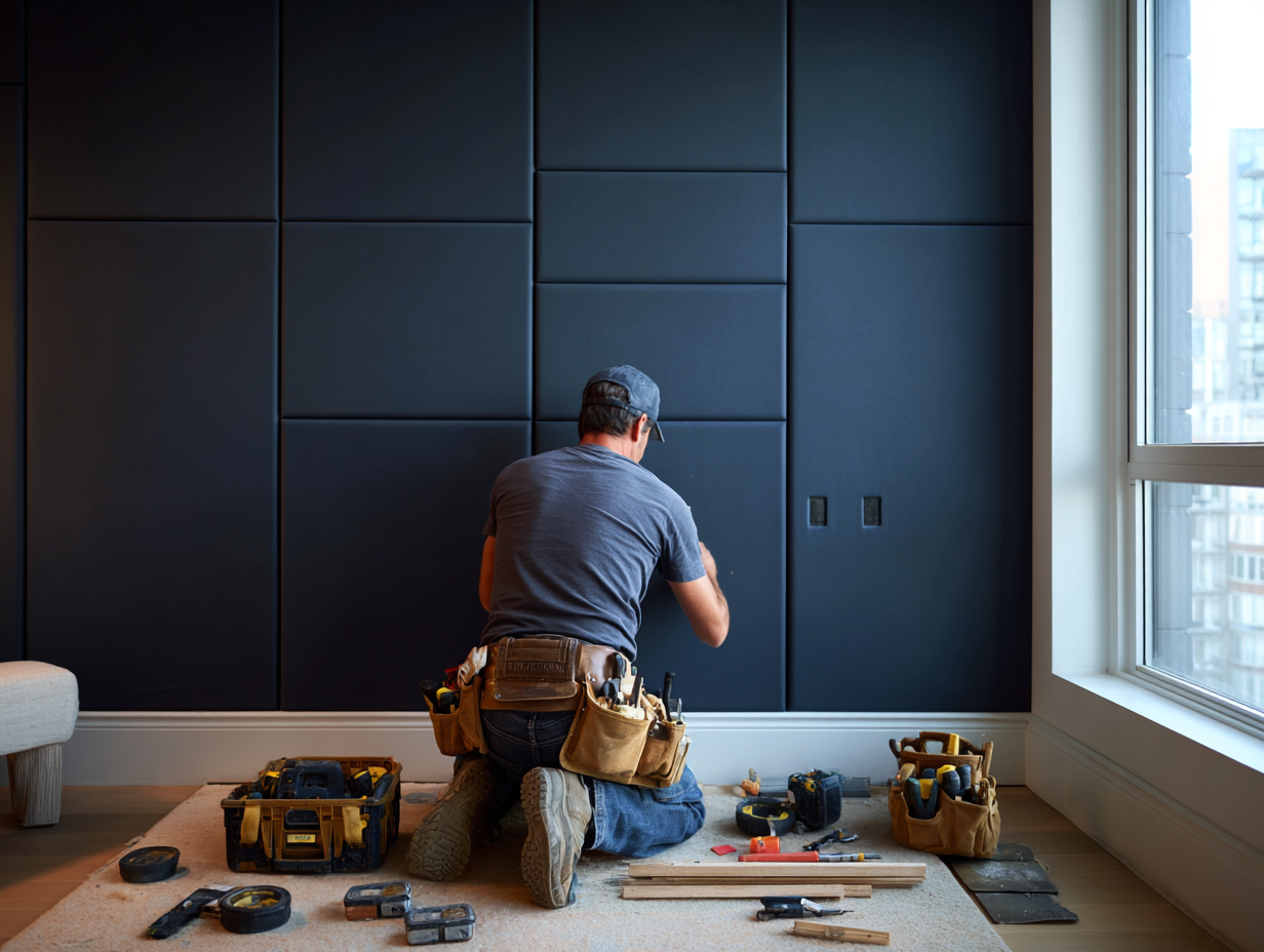 Worker installing dark acoustic panels