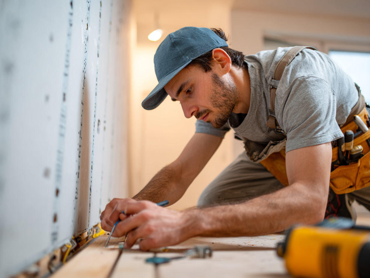 Technician adjusting wall framework for soundproofing