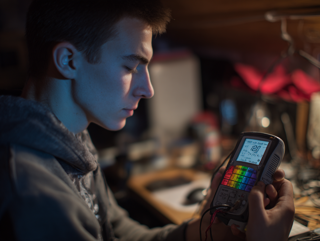 Engineer testing sound equipment with decibel meter