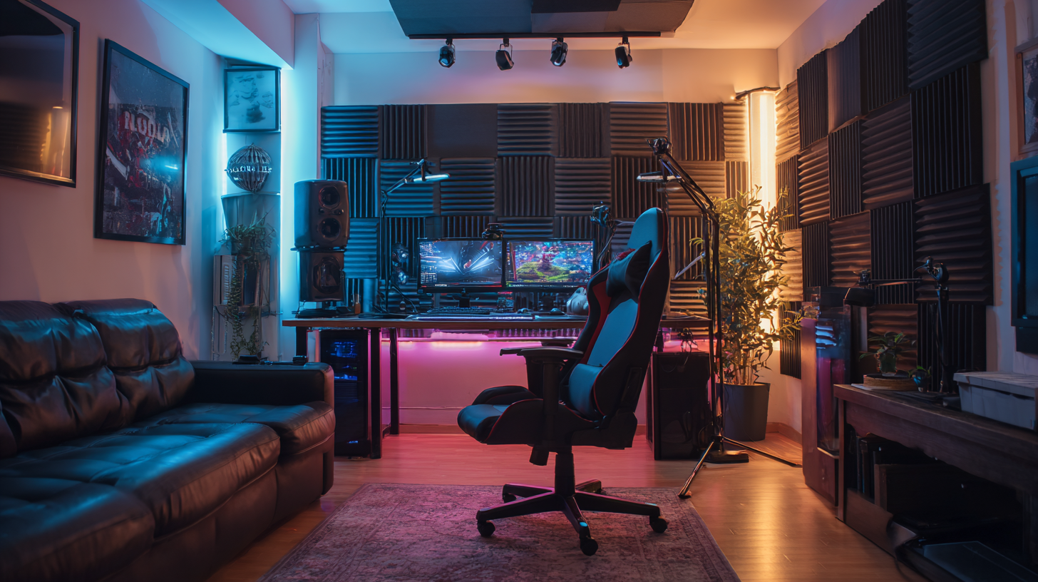 Gaming room with acoustic panels, gaming chair, and streaming mic