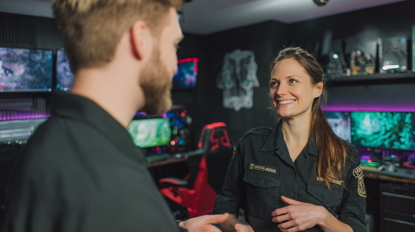 Homeowner talking with a soundproofing specialist in a gaming room
