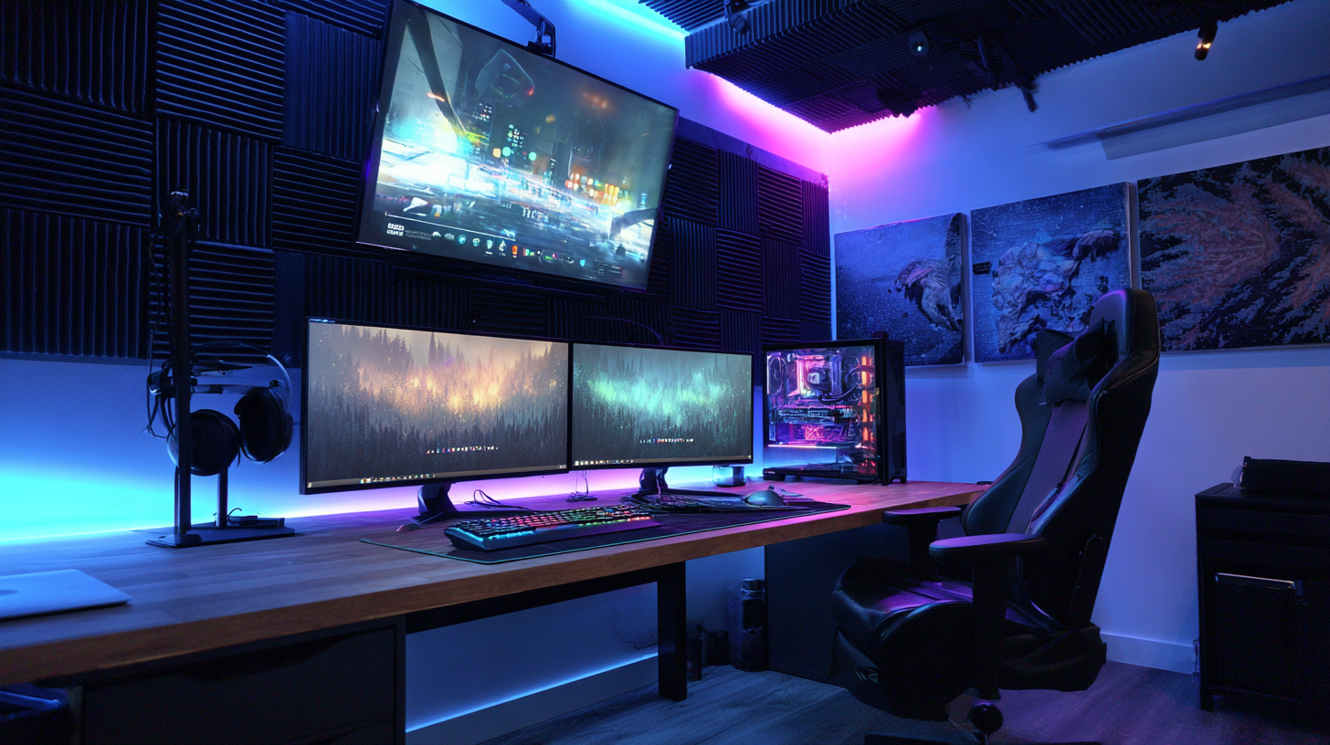 Soundproofed gaming room with dual monitors and LED lighting