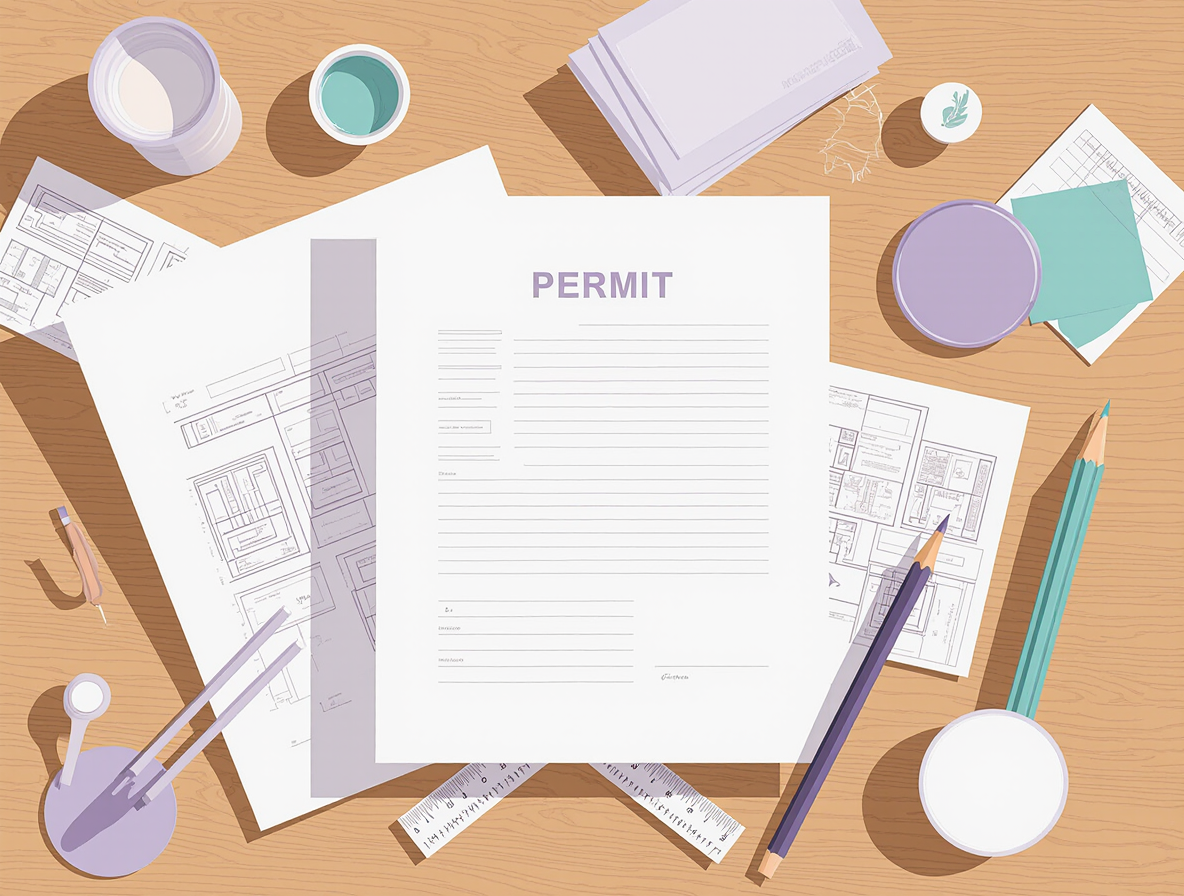 Illustration of a building permit and a workbench