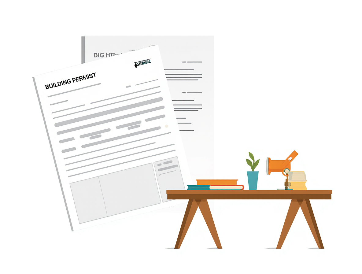 Illustration of a building permit and a workbench with drawings