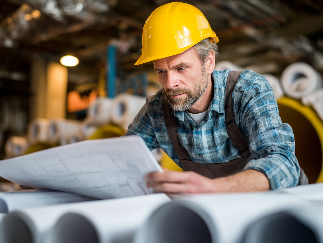 Architect or engineer reviewing building code documents and blueprints