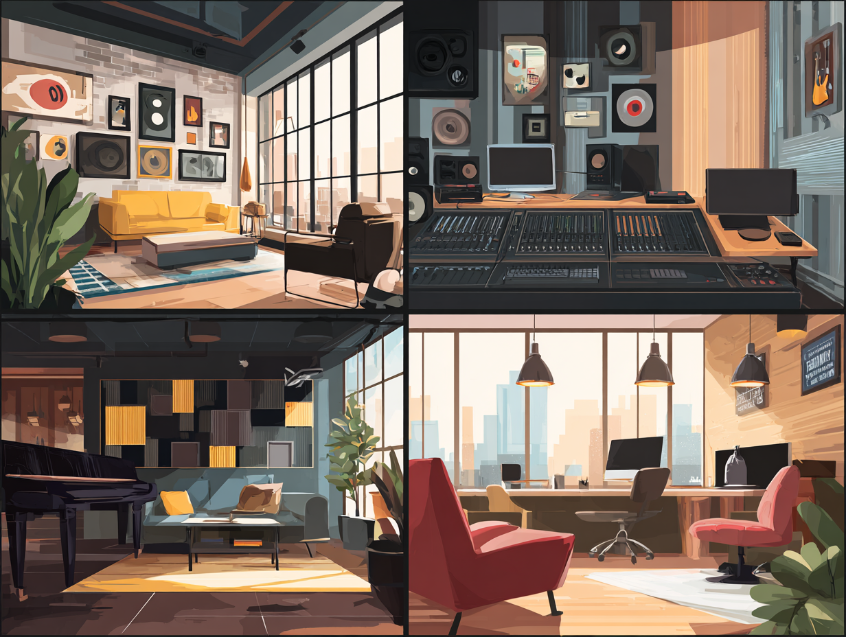 Infographic-style collage showing soundproofing services for apartments, bars, studios, and offices in Bushwick, Brooklyn