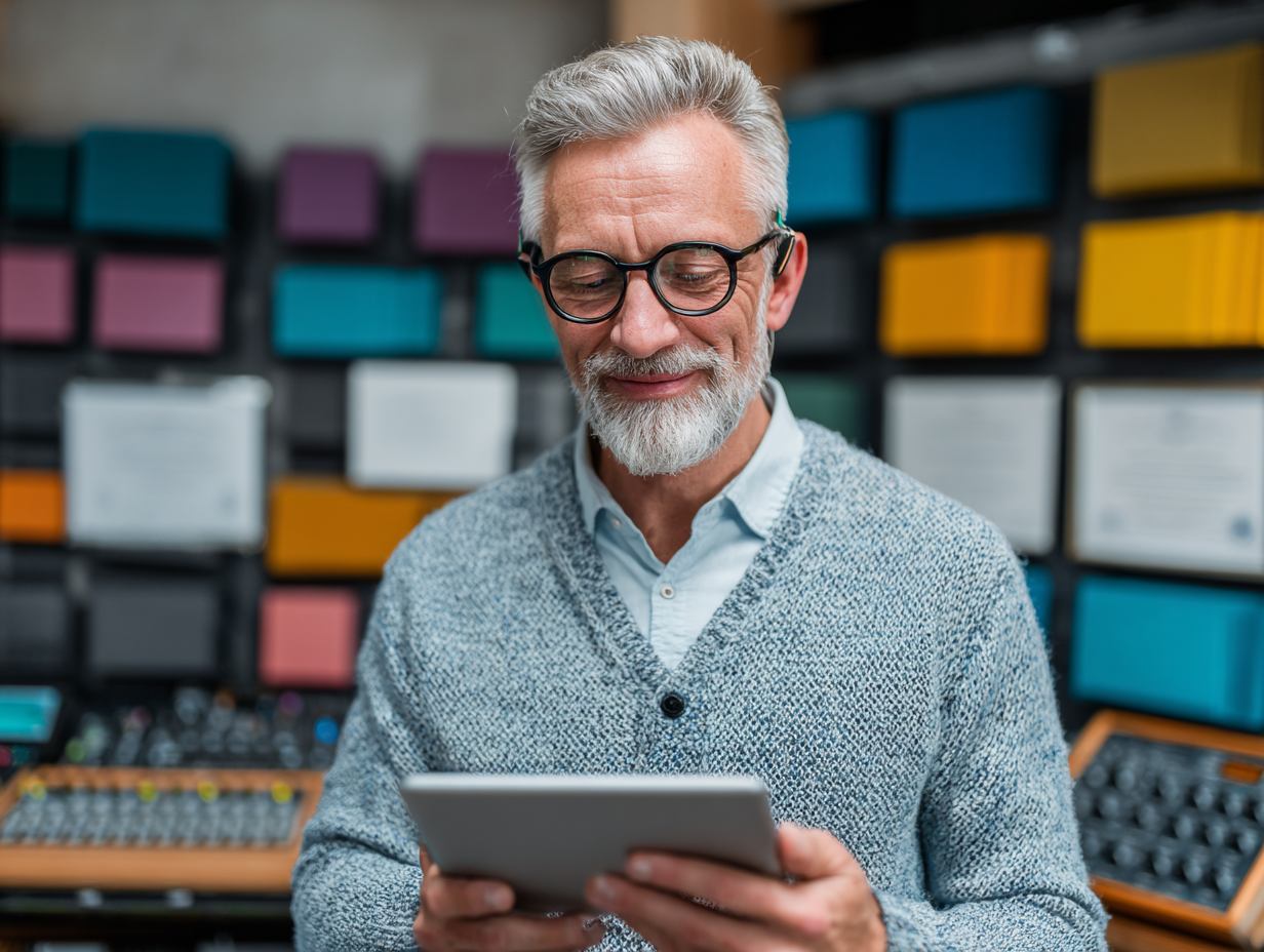 Experienced acoustic consultant reviewing measurement data on tablet in acoustic panel showroom