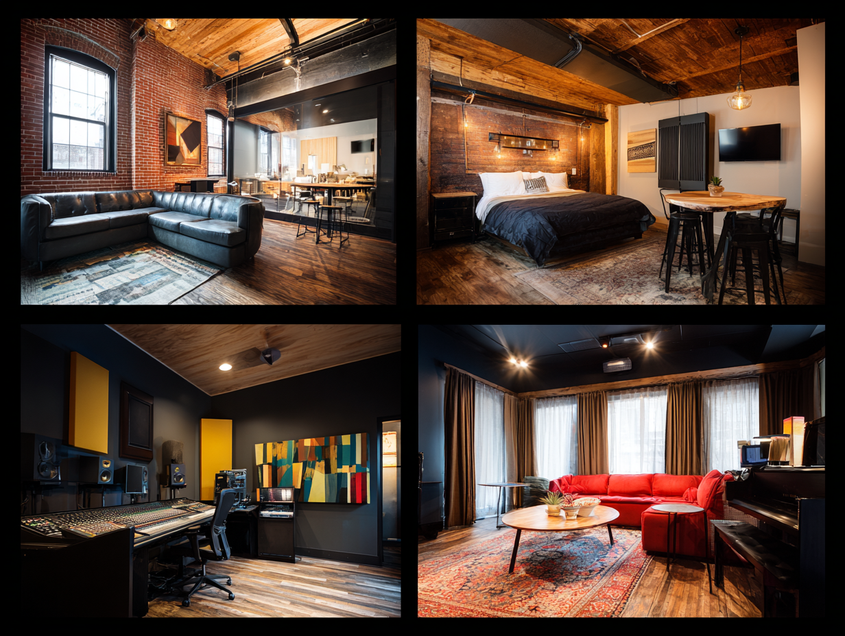 Collage showing residential apartment, office, music studio, and restaurant with soundproofing solutions