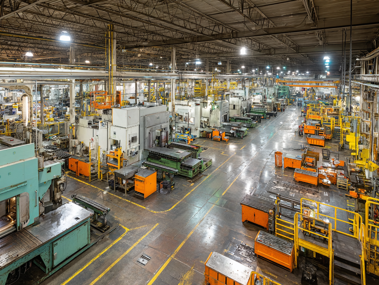 Large manufacturing facility with industrial acoustic panels mounted on walls