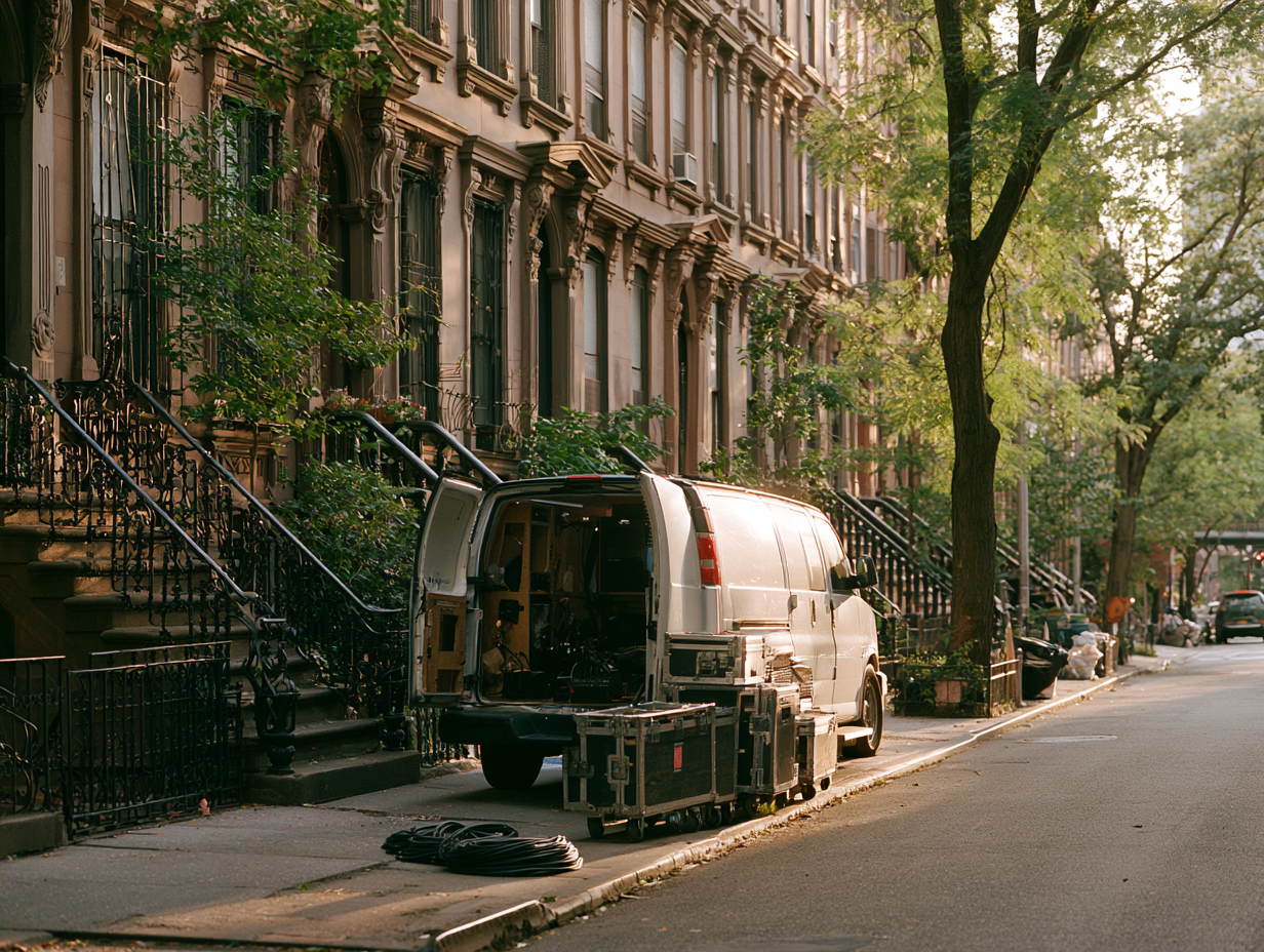 Professional AV installation service van parked at the curb in front of a classic Brooklyn brownstone row house
