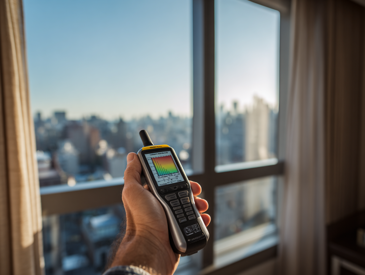 Sound level meter measuring window noise with NYC skyline view and frequency spectrum display