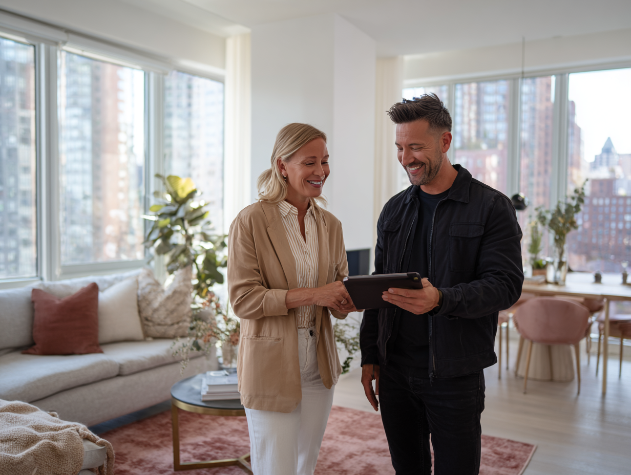 Professional consultant talking with client in a bright NYC living room