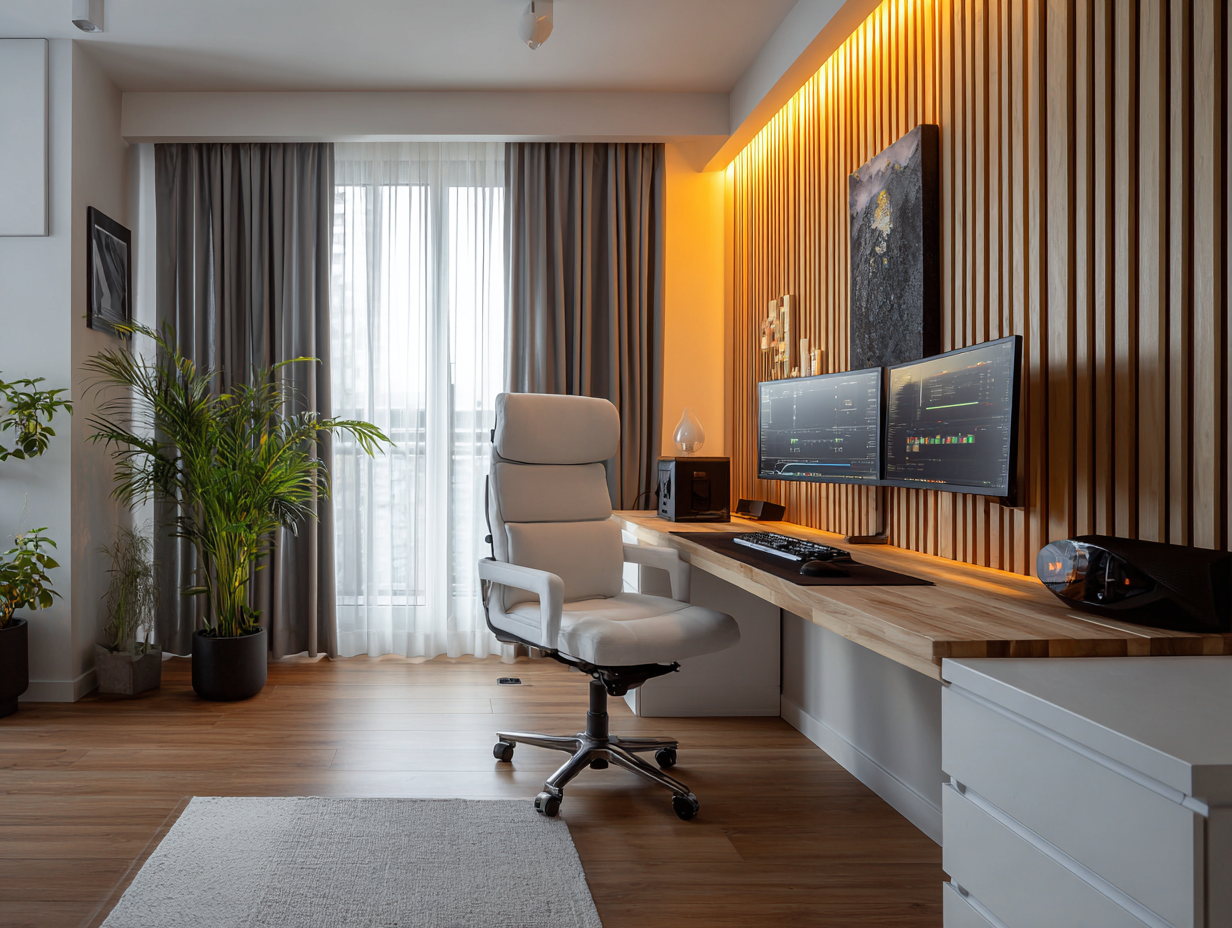 Stylish modern home office with wood slat acoustic wall panels