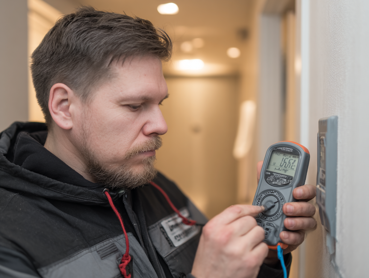 A professional acoustic engineer inspecting an NYC apartment wall with instruments