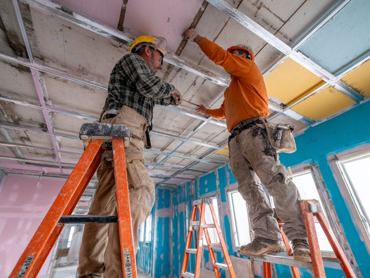 Workers installing ceiling soundproof panels on ladders during construction