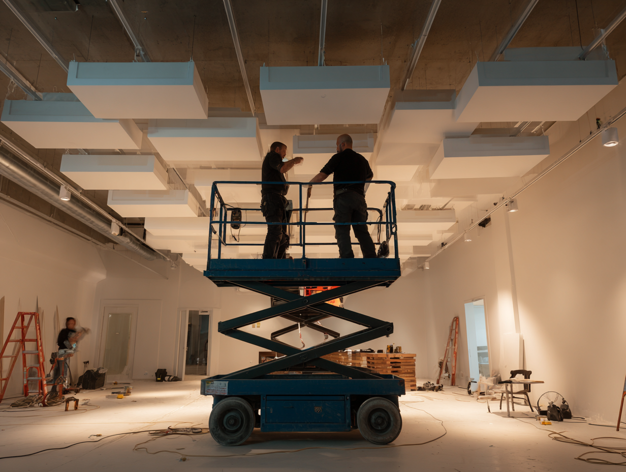 Crew installing ceiling acoustic panels while standing on scaffolding
