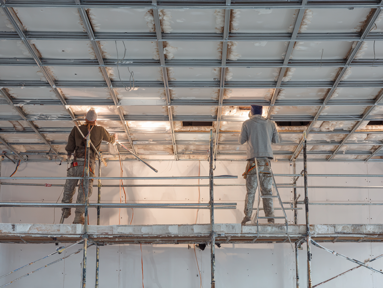 Workers installing ceiling soundproof panels on scaffolding inside a building