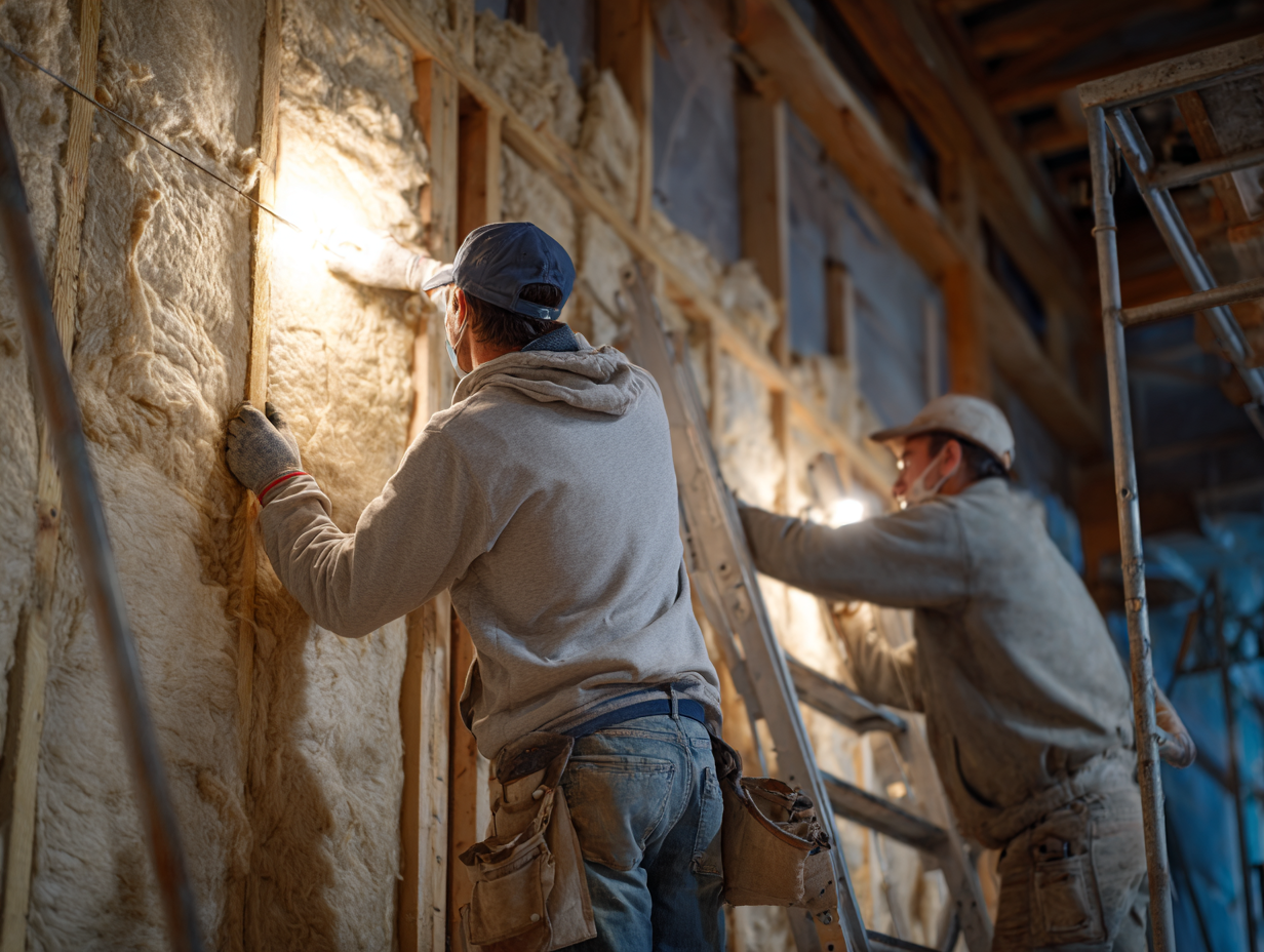 Builder placing insulation material inside a wall to improve soundproofing