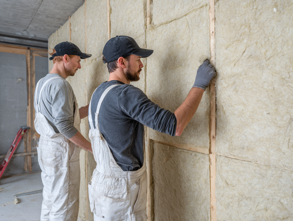 Technician fitting acoustic insulation into a wall for noise reduction